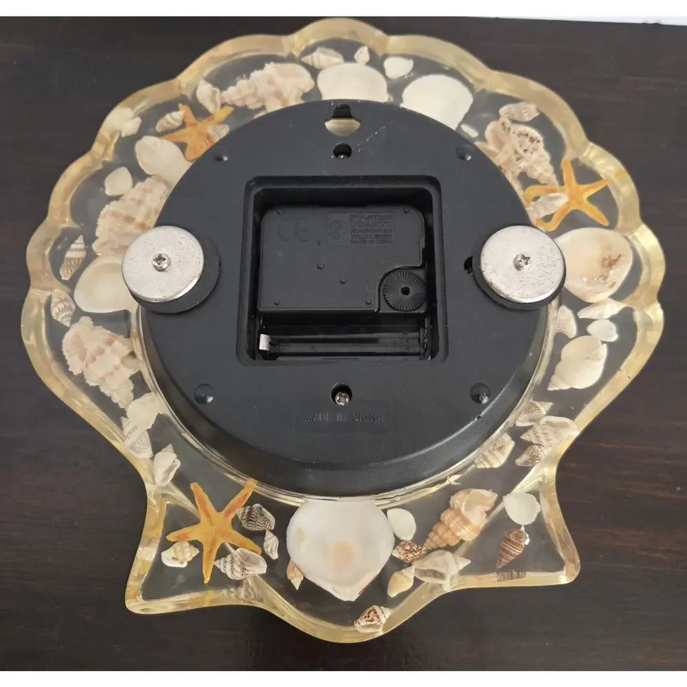 Shell Shaped Lucite Clock Embedded Seashells Wall Hanging Takes 1.5 V Battery
